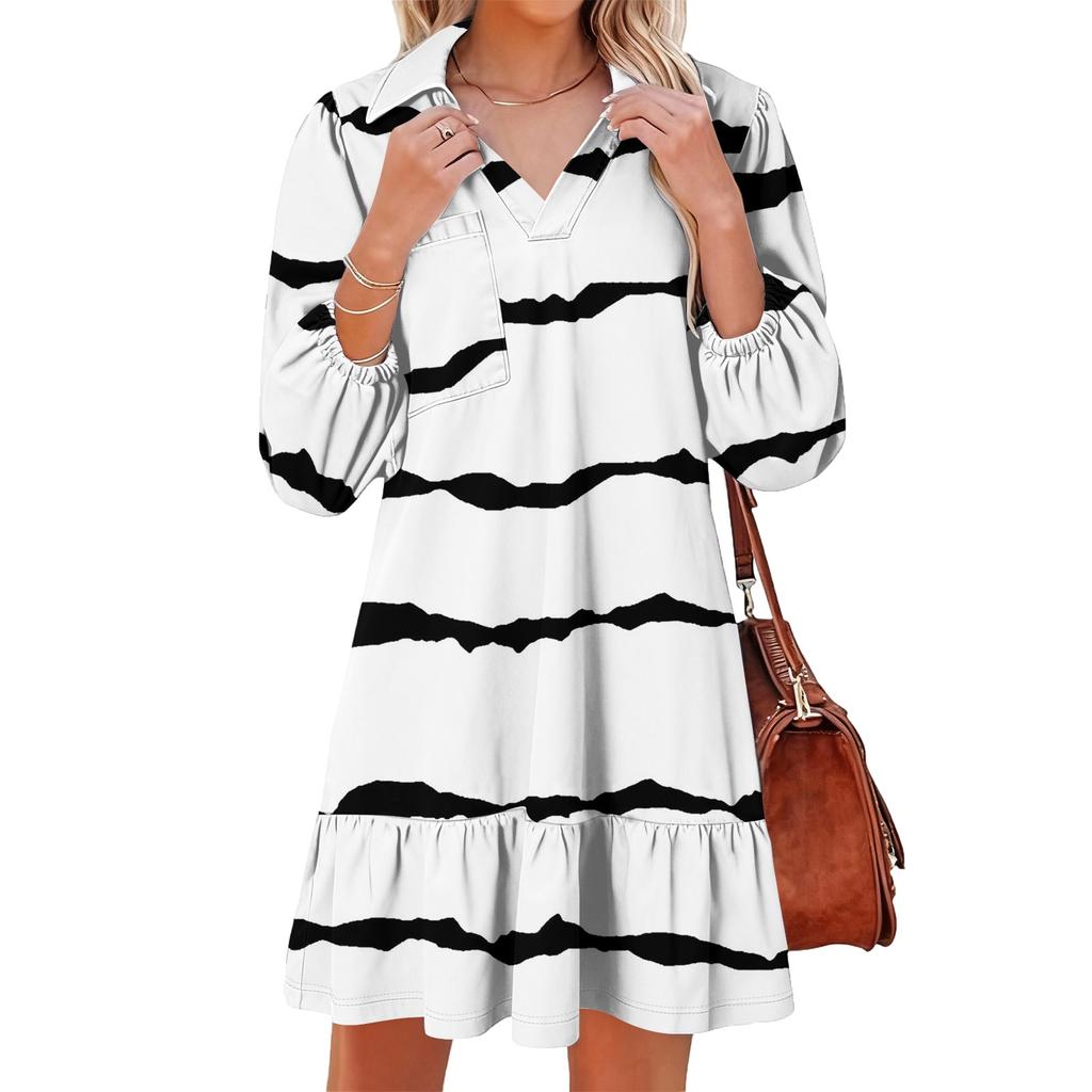 Damenmode Elegant Herbst Und Winter Langarm V-Ausschnitt Weihnachtsprint Kleid