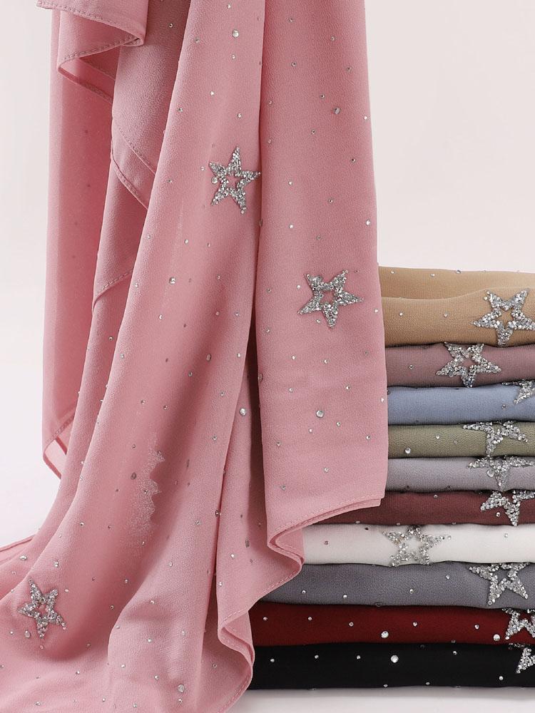 VigoAnne 2025 Lady Muslim Pentagram Hot Stamping Hijab Shawls Women Plain Scarf Chiffon Solid Islamic Turban Headband 175cm*70cm