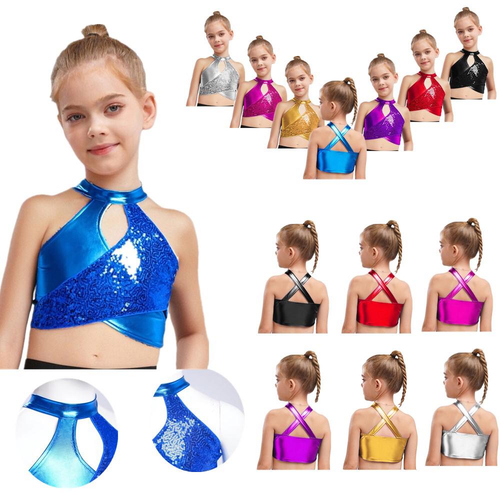 Kids Jazz Dance Wear Sparkly Sequins Metallic Crop Top Cross Keyhole Ballroom Costume
