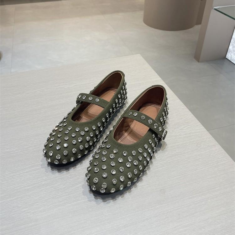 Cowhide Version~ Round Head One-word Buckle Band Ballet Shoes Women's Full Diamond Flats Hollowed Out Mary Jane Single Shoes Fishing Net Shoes