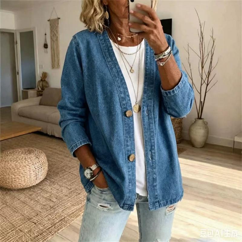 Women S Floral Print Casual Imitation Denim Stand Collar Long Sleeve Cardigan Coat