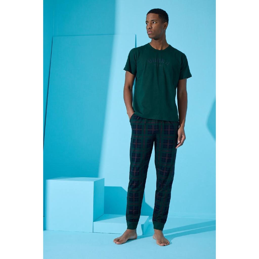 Marineblaues, kurzärmliges Herren-Pyjama-Set mit Urban-Print