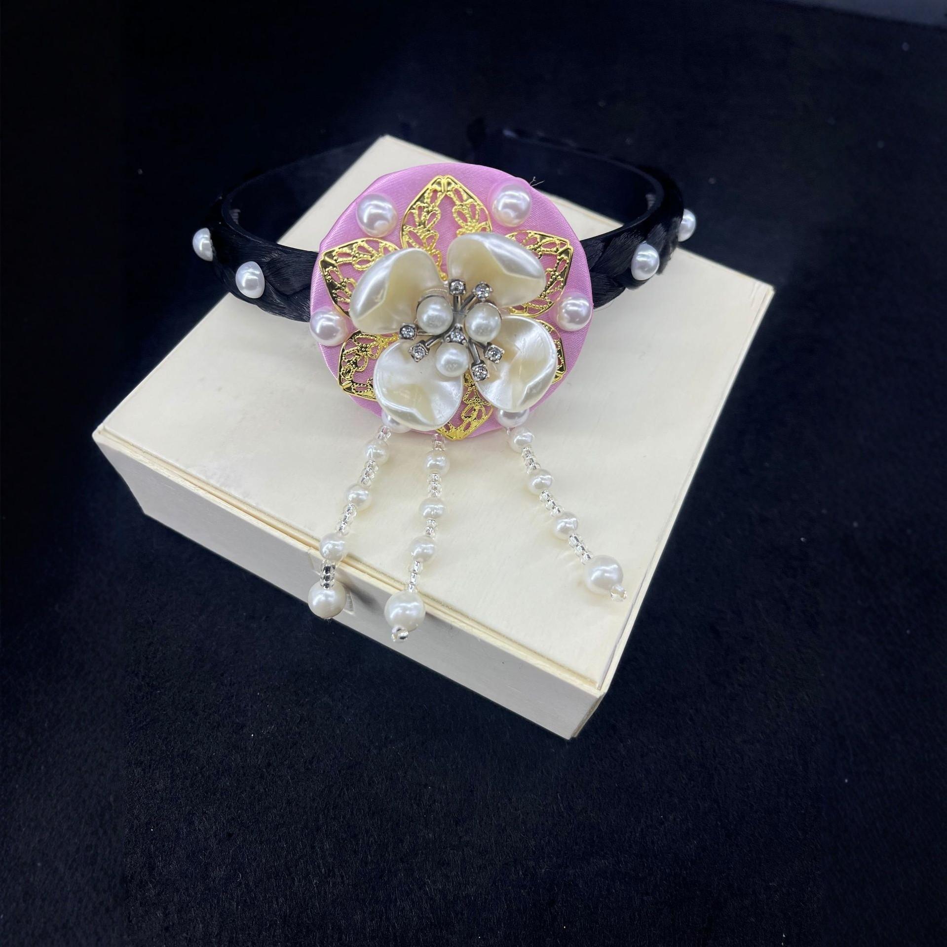 

Hanbok Hair Hoop Pearl Korean Headband Ethnic Hairband Traditional Flower Pearl Beaded Headband For Children Photography Dance рожевий