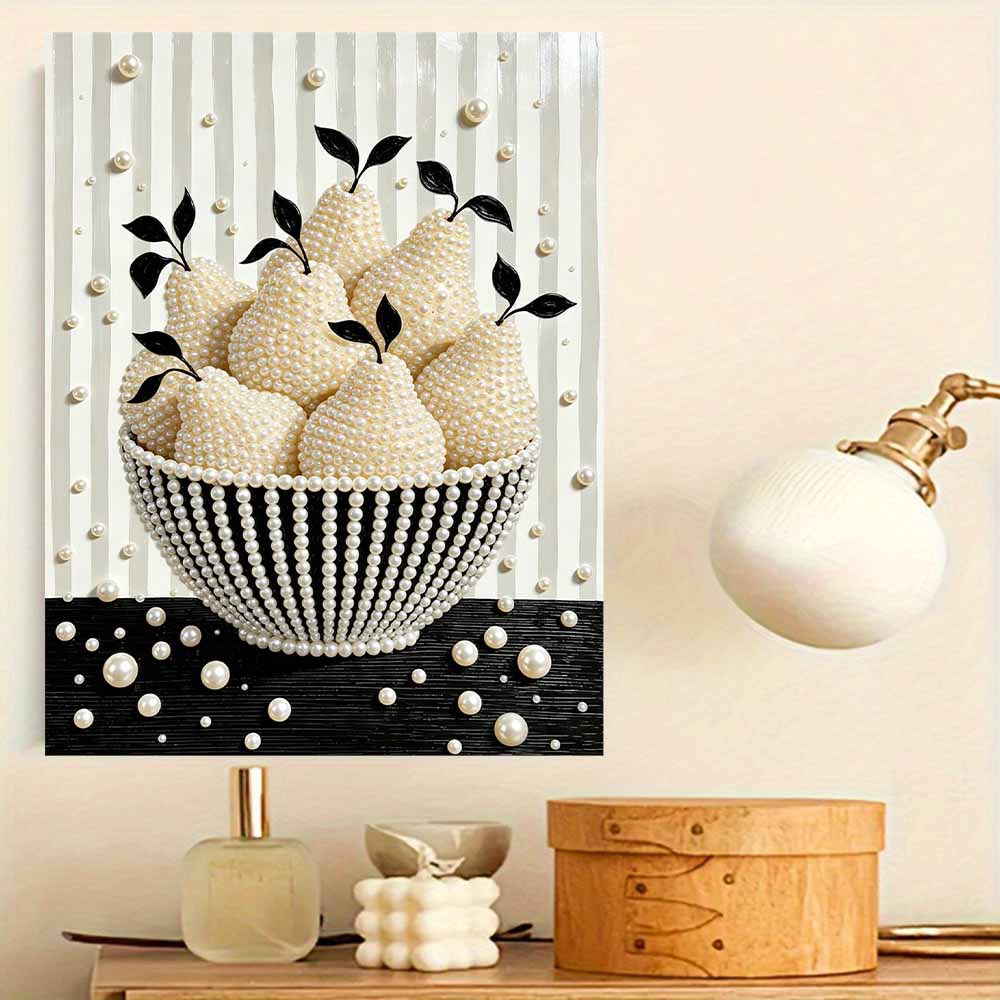 Unique 5D Framed Pearl Painting Kit with White Pear Fruit Bowl Pattern Sparkling Bead Art Canvas DIY Handmade Craft for Living Room Decor