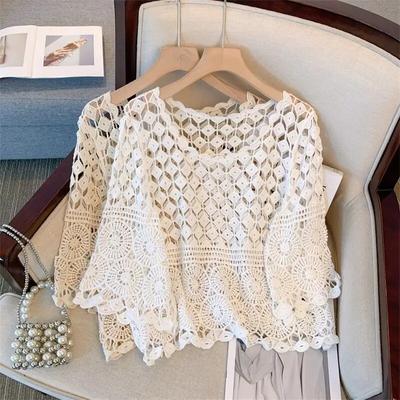 Summer Crochet Hollow Lace Western-style Half Sleeved Top, Women's Loose Versatile Cover Up, Sun Protection , Beach Shirt