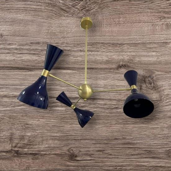 Mid-Century Modern Brass Chandelier: Navy Blue Cone Shade, Adjustable Pendant Light
