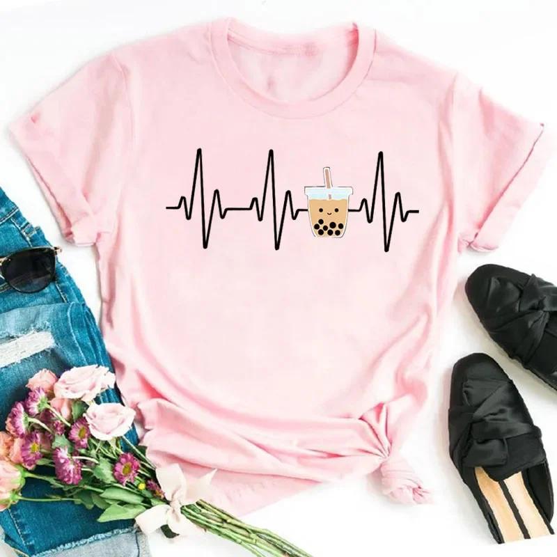 Kawaii Cartoon Milk Tea Printed T Shirt Women Fashion T Shirt Casual Tops 90s Girls Ladies Female Short Sleeve Cute Graphic Tee
