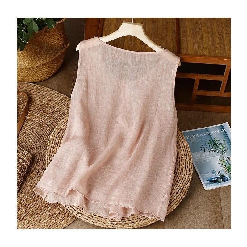 Canotta da donna senza maniche con ricamo geometrico, girocollo, casual, vestibilità ampia, camicetta in misto lino