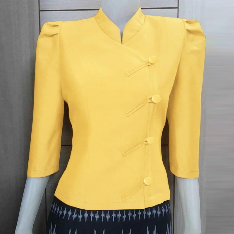 

ZANZEA Женская повседневная блузка с воротником-стойкой и рукавами 3/4 S жёлтый