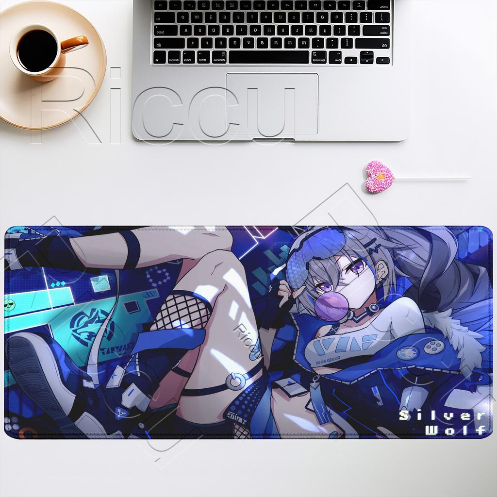 Gaming-Mauspad Silberner Wolf LV HSR Honkai Star Rail Groß XXL Neu Rutschfest Tastatur Anime-Mädchen Kawaii Mauspads PC-Schreibtischmatte