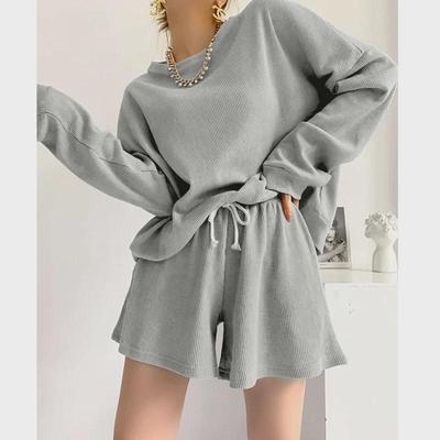 Women's Vintage Waffle Knit Long Sleeve Top & Shorts Set with Pockets