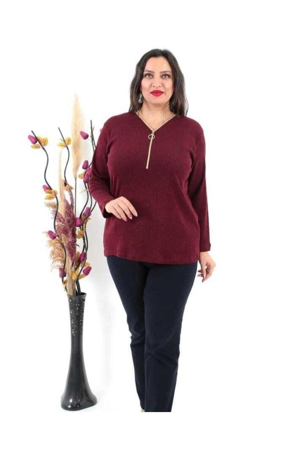 

Women s Big Size Blouse Claret Red Knitwear Collar Zipper Blouse
