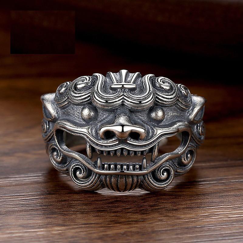 Adjustable Lion Ring Men Women Vintage Style Sterling Open Band Statement Finger Adjustable Open Band