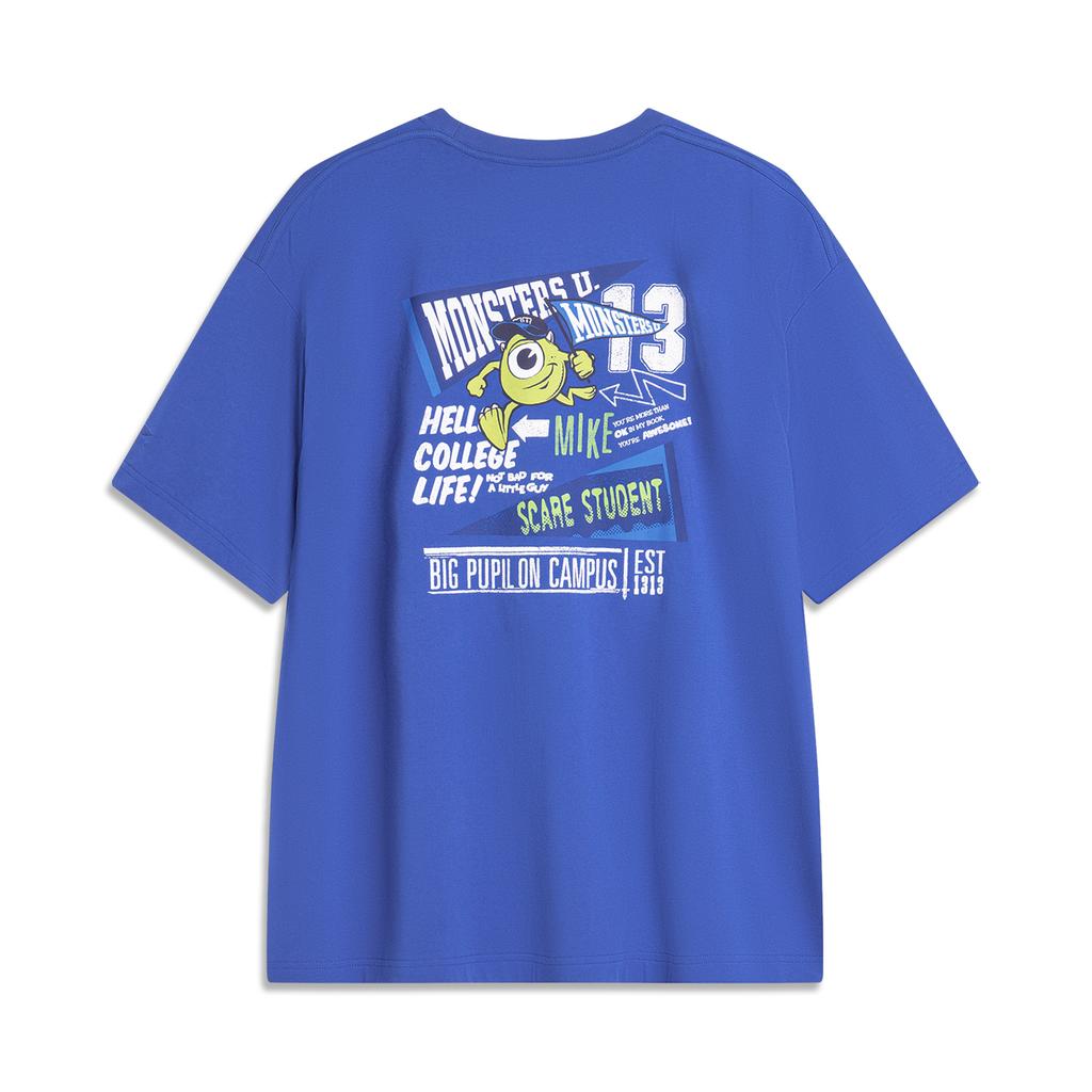Li Ning X Disney Monsters University Collaboration Casual Loose Letter Pattern Round Neck Short Sleeve T-Shirt Unisex T-Shirt Light-Blue AHSU497-4
