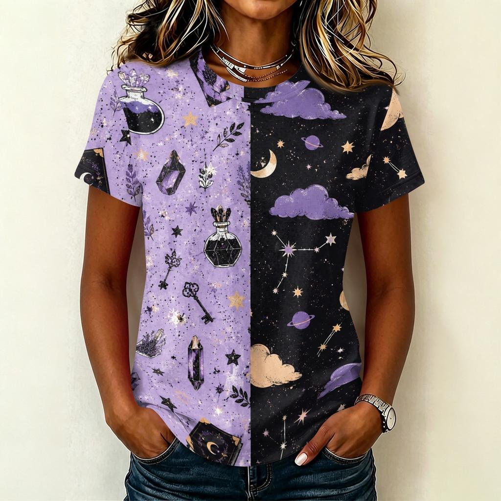 Ladies Casual Pullover Short Sleeve T Shirt Halloween Print Crew Neck Top Halloween Themed Graphic Tee for Women