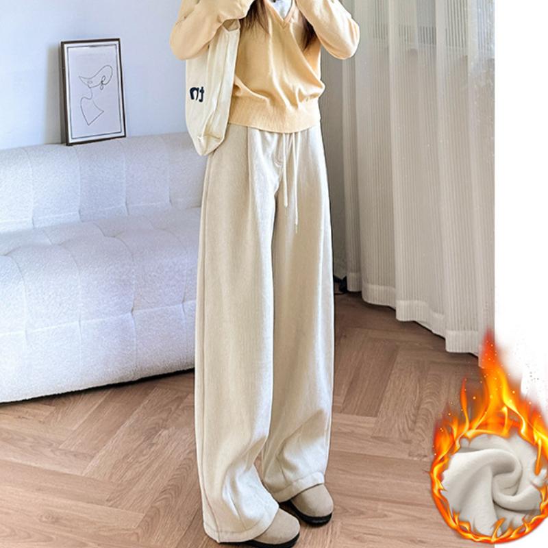 Lazy Style Drawstring Casual Pants for Women In Autumn and Winter Warm Plus Velvet Thickened Long Pants High Waist Wide-leg Pants Draped Floor Pants