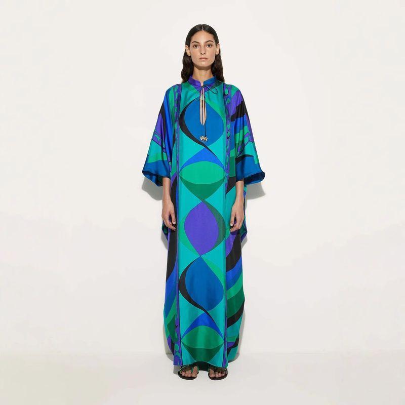 

Fashion Women s New Summer Intellectual Wind round Neck Tied Print Dress Blue XS