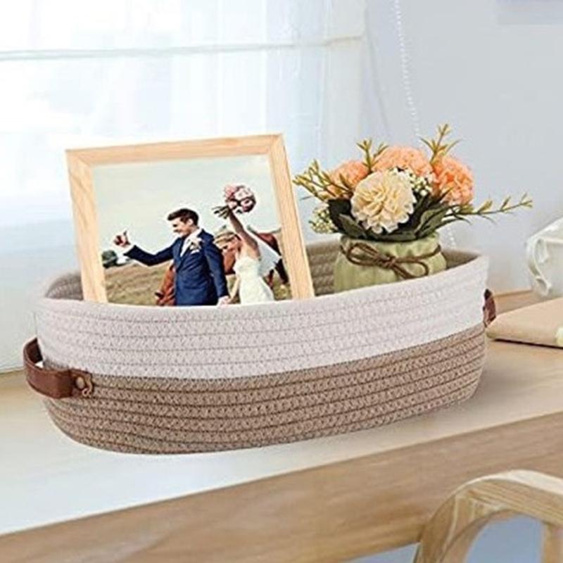 Natural Cotton Rope Oval Storage Basket Featuring Sturdy Leather Handles For Home Use