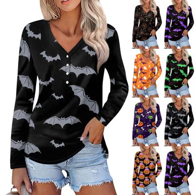 Damen Casual Fashion Sexy Comfort Halloween Bedruckter V-Ausschnitt Knopf Langarm