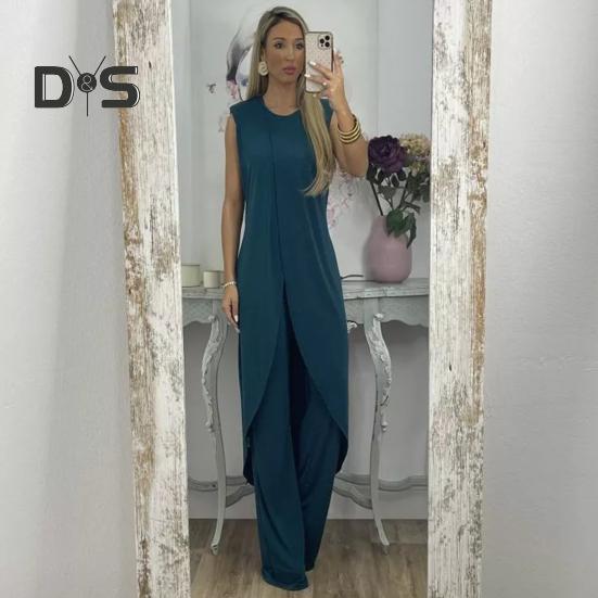 2 Pcs/Set Women Top Pants Set Irregular Hem Wide Leg Solid Color Soft Round Neck Loose Sleeveless Long Blouse Trousers Set