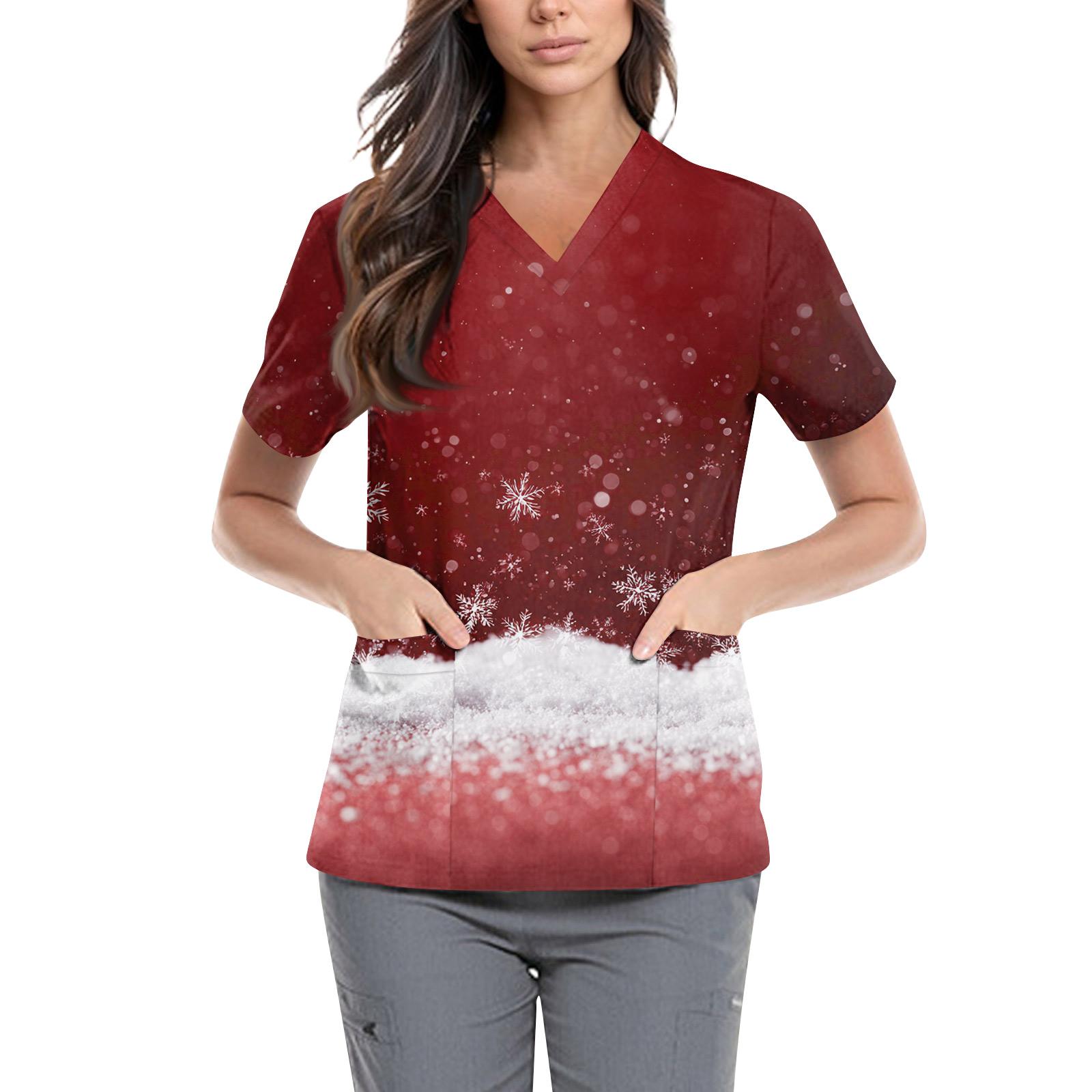 

Жіночий милий принтований робочий одяг, V-подібний виріз, двошарові кишені, базовий пуловер з короткими рукавами, Валентина XXL