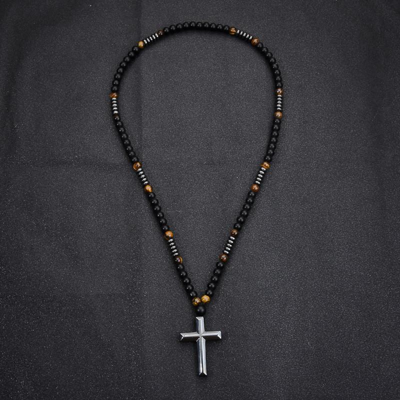 Obsidian Tiger Eye Hematite Cross Beaded Necklace For Men Fashion Accessory