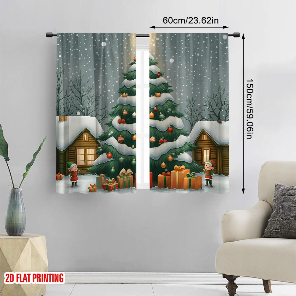 2pcs,2D Plane Printing Curtains Digital Printed Christmas Tree Snow Gifts_b Versatile Polyester Fabric (without Rod) All Seasons