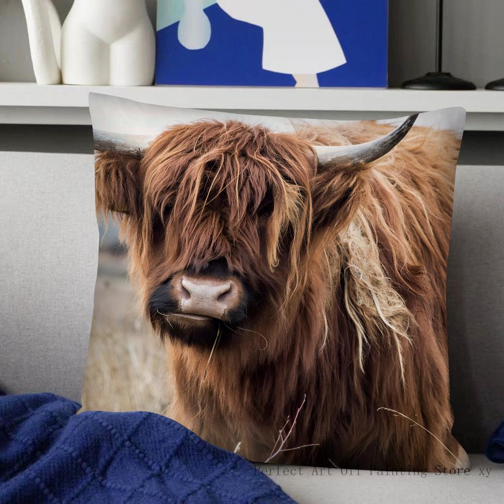 Highland Cattle Pillow Case Fashion Square Pillowcase Bedroom Sofa Room Ins Decoration Leisure Cushion Cover 40x40