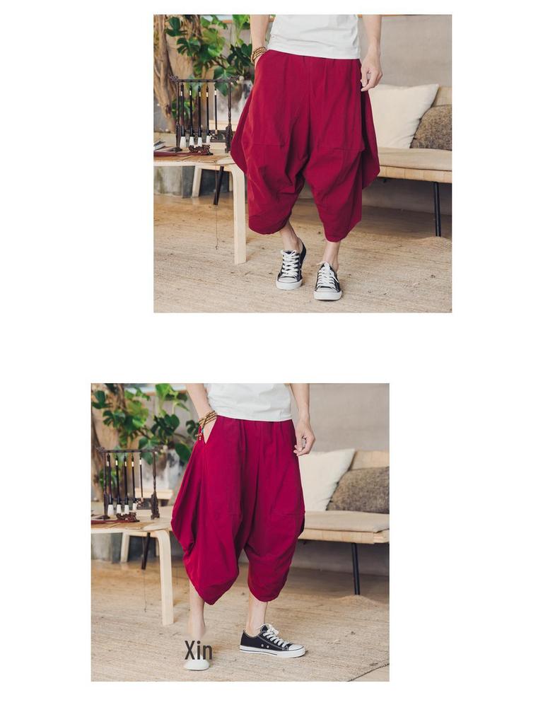 2018 Summer Men's Cotton Linen Casual Pants, Nine-Point Style, Plus Size, Low Drop Crotch