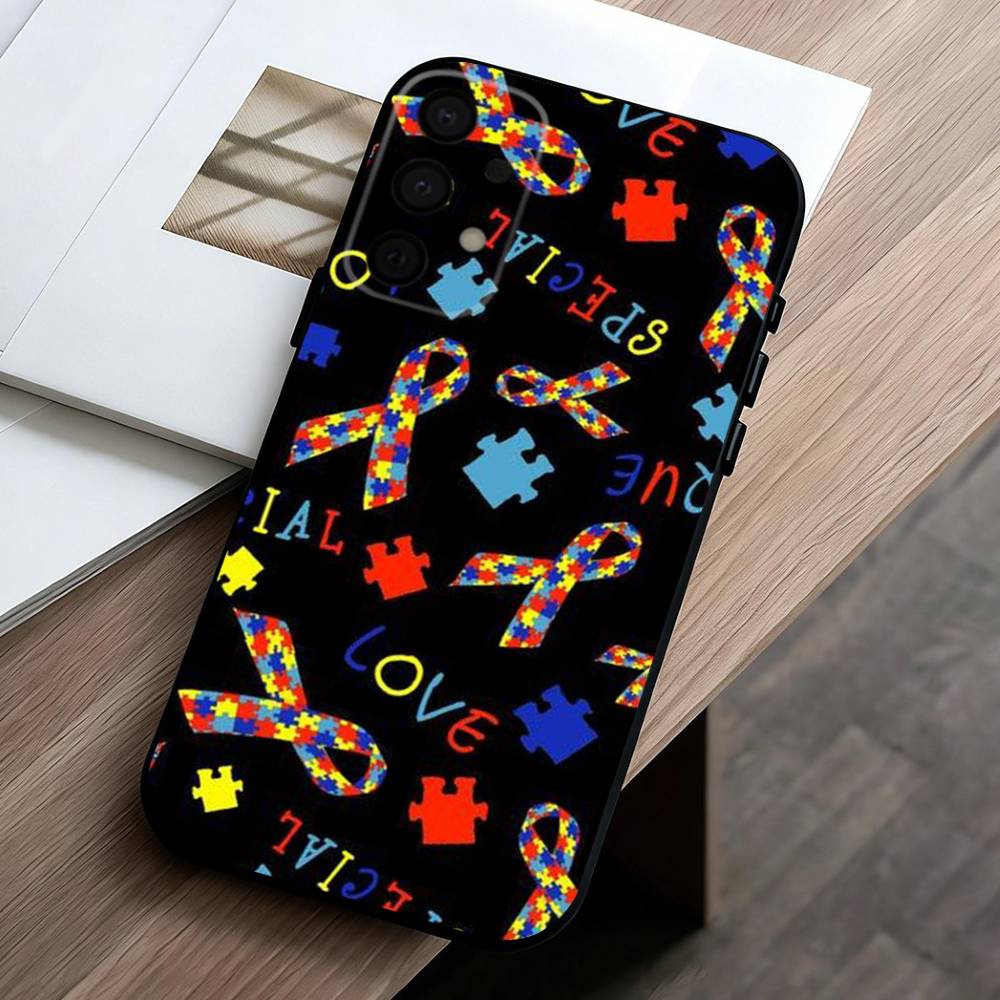 Puzzle Art Support Autism Phone Case For Samsung Galaxy A73,A72,A71,A70,A53,A52,A51,Others Soft Black Shell
