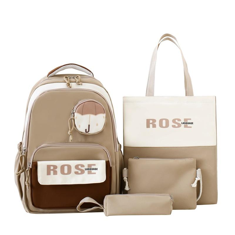 

Набор из четырех предметов школьный рюкзак женский кампус цветной блок рюкзак большой вместимости хаки