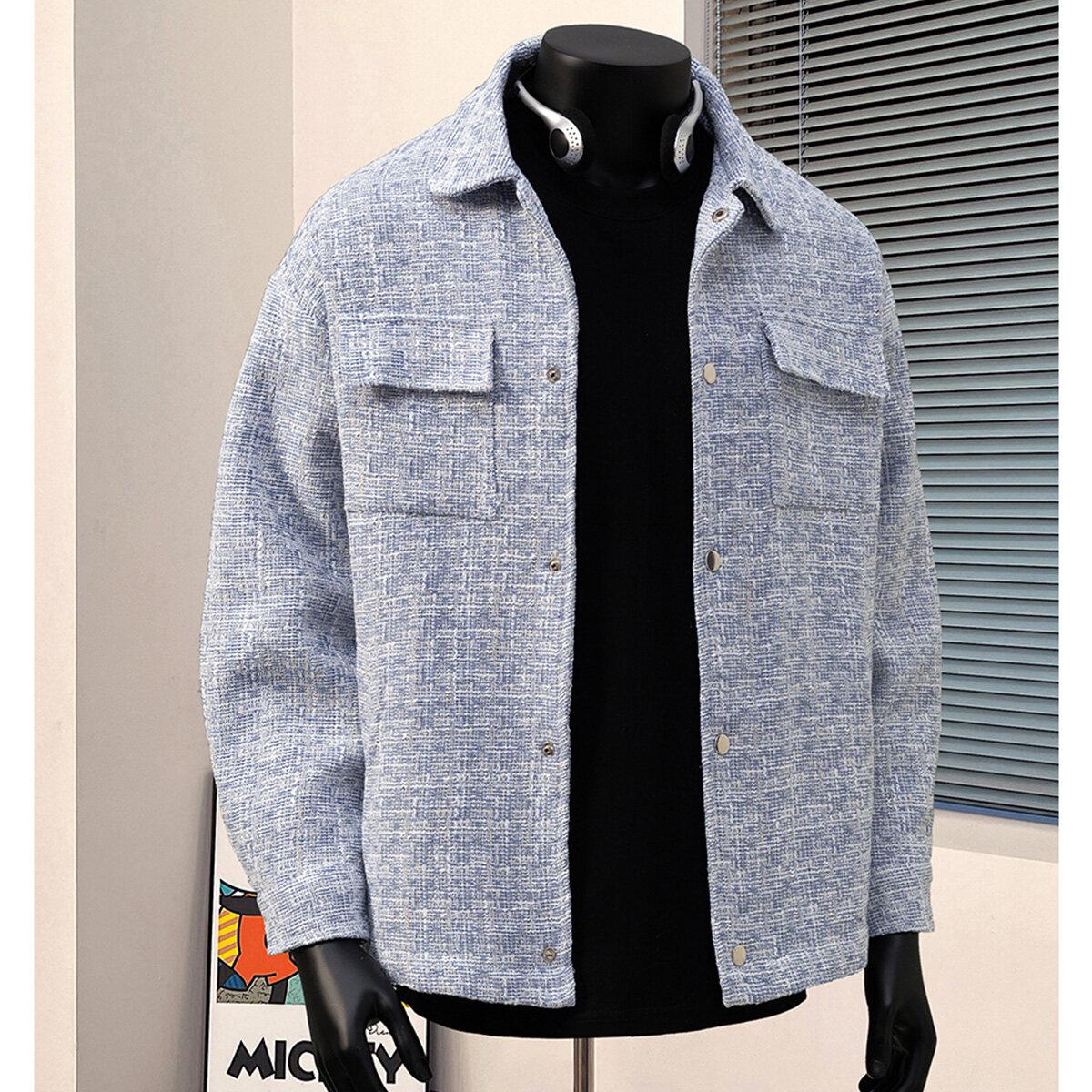 

Осенняя мужская винтажная клетчатая куртка Мужские модные повседневные уличные пальто Мужское пальто оверсайз в корейском стиле Мужская верхняя одежда Харадзюку M светло-синий