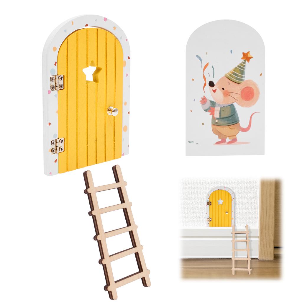 Cartoon Elf Door Fairy Door Kit with Ladder Natural Wood Elf Door Kit for Children's Room Wall Bookshelf Tree Garden Decoration