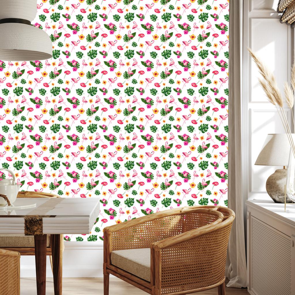Flamingos wallpaper white, powder pink, green and cream 50x1000