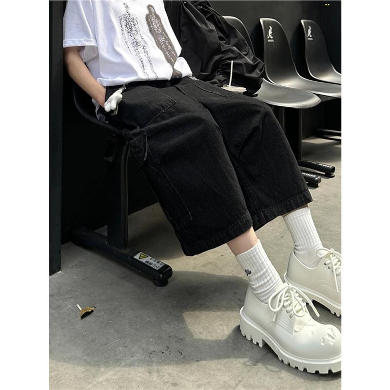 American High Street Retro Washed Big Pocket Wide Leg Seven-point Jeans Men's and Women's Summer Loose Tooling Trousers