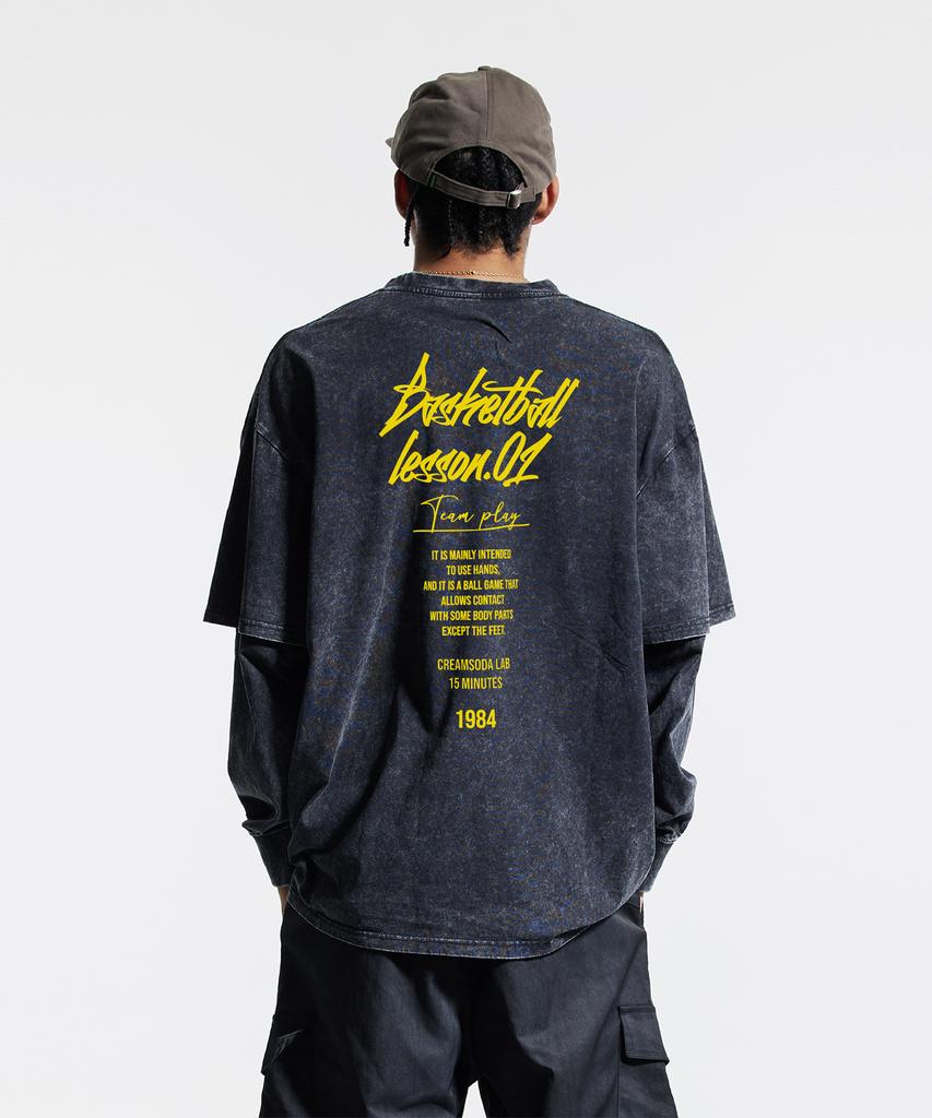CREAM SODA LAB Quarter Teamplay Pigment Fake Double Layered Long Sleeve Black Yellow