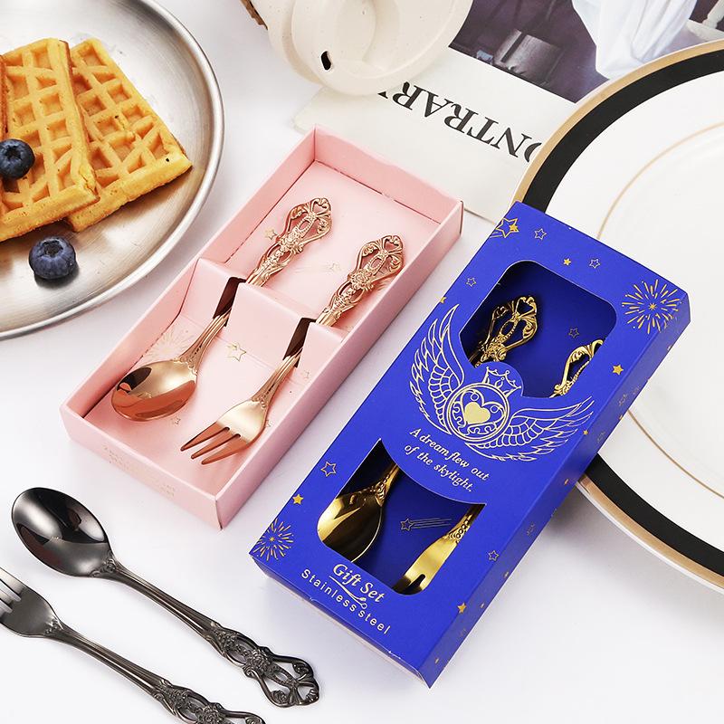 Stainless Steel Spoon Fork Two-piece Cutlery Gift Box Retro Coffee Spoon and Fork Set with Hand