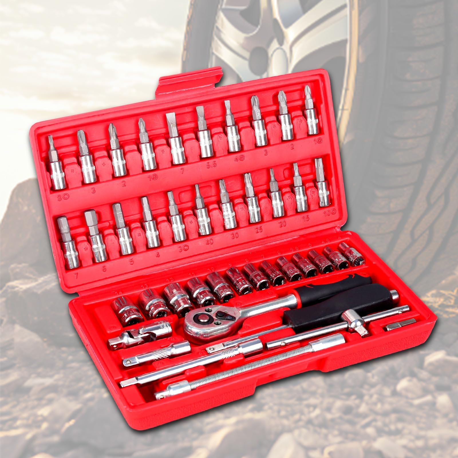 

No-brand [46-piece] 72-tooth Ratchet Wrench Tool Set | Motorcycle/Bicycle/Car Tool Set | Chrome Vanadium Steel | Durable | Includes Storage Case