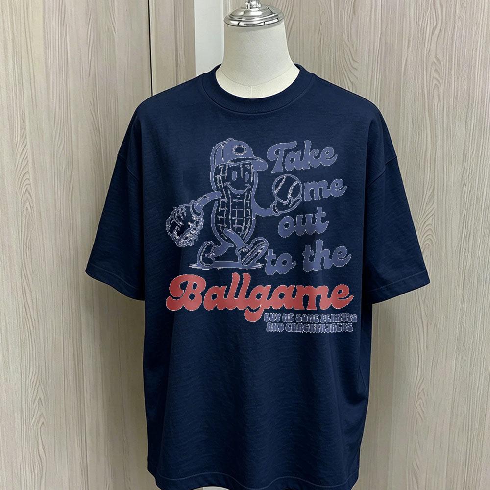 Baseball Graphic T Shirt Take Me Out To The Ballgame Cartoon Peanut Mascot Print Oversized Loose Cotton Short Sleeve Tee