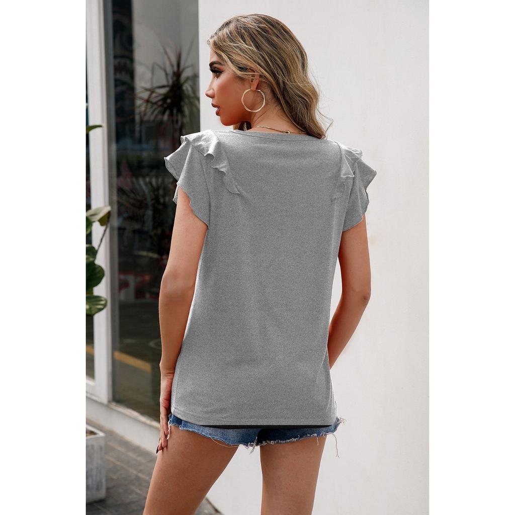 Damen Freizeit Locker Einfarbig Rundhals Rüschenbesatz Kurzarm Pullover T-Shirt Top