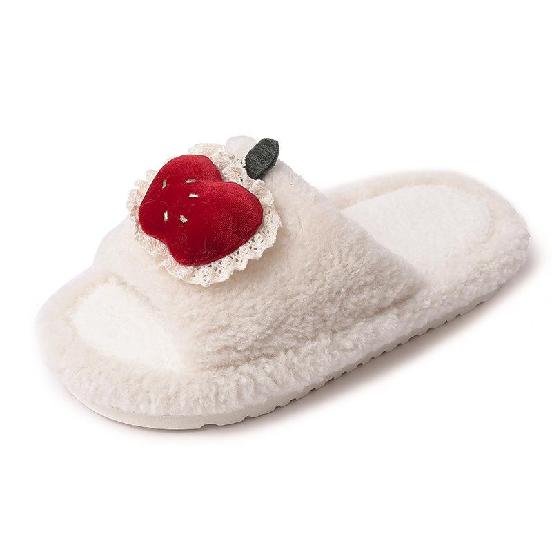 Niedliche kleine Apfel-Kirsch-Flauschpantoffeln Damenbekleidung 2025 Herbst und Winter Zuhause Rutschfest Warm Einwort-Baumwollpantoffeln