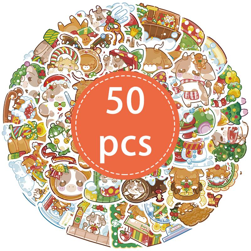

50PCS Cute Merry Christmas Stickers Christmas Cow Sticker Cartoon Animal Decals for Water Bottles, Scrapbooking, Crafts