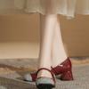 Mary Jane Small Leather Shoes Red Thick Heels Are Not Tired of High Heels Women's 2025 New Super Small Leather Shoes Foreign Style Versatile