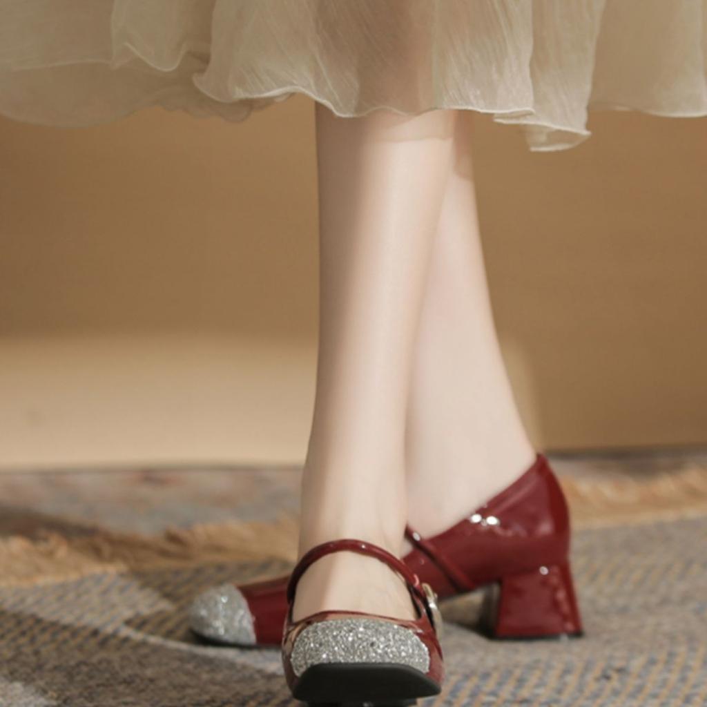 Mary Jane Small Leather Shoes Red Thick Heels Are Not Tired of High Heels Women's 2025 New Super Small Leather Shoes Foreign Style Versatile