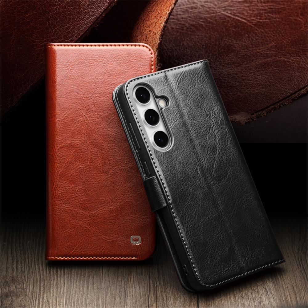 

Для Samsung Galaxy S24 FE Чохол з тримачем для карток Натуральна коров яча шкіра Підставка Чохол для телефону Brown