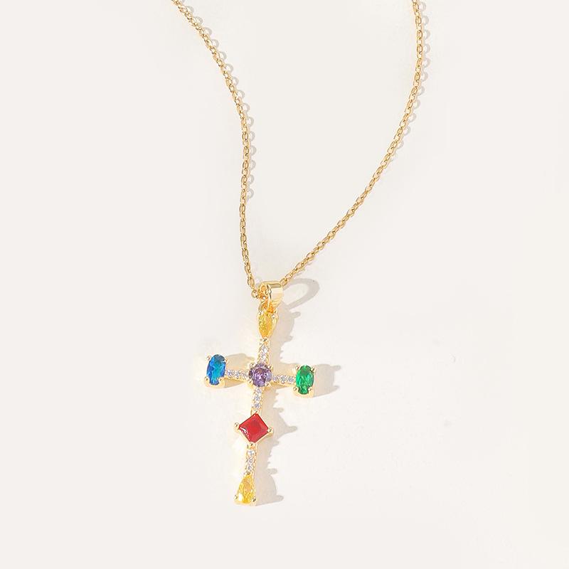 Color Zircon Cross Necklace Women'S High Sense Personality Versatile Inlaid Pendant Collarbone Chain
