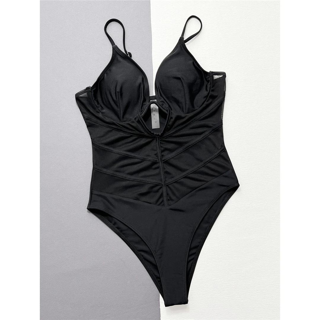 V Neck Mesh Sheer Underwired V-bar One Piece Swimsuit Women Swimwear Female See Through High Cut Bather Bathing Suit Swim S чёрный