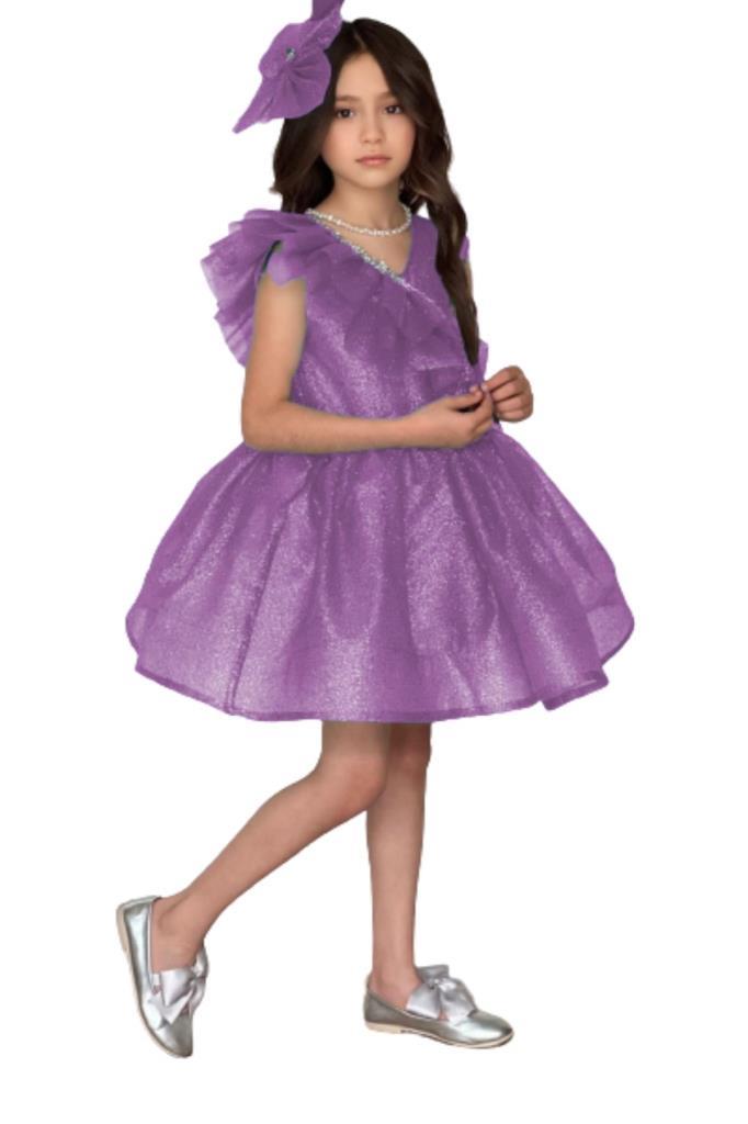 

Girl s Collar Frill Detailed Stone Embroidered Silvery Lilac Evening Dress