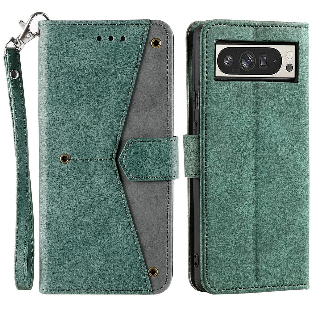 For Google Pixel 9 Pro XL Leather Case Splicing Stitching Wallet Stand Phone Cover with Strap