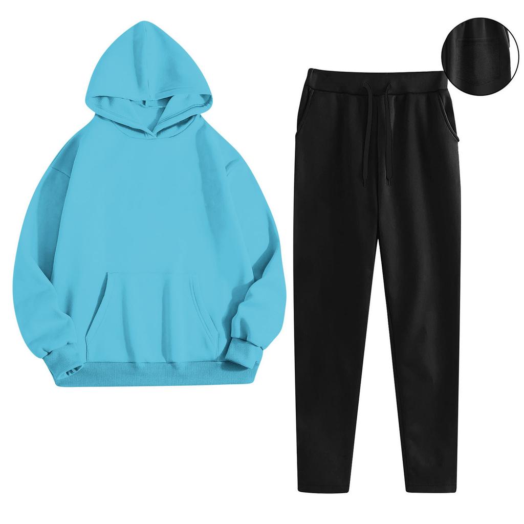 Women's Fashionable Relaxed-Fit Hooded Sweatshirt With Pockets And Fleece-Lined Trousers Set